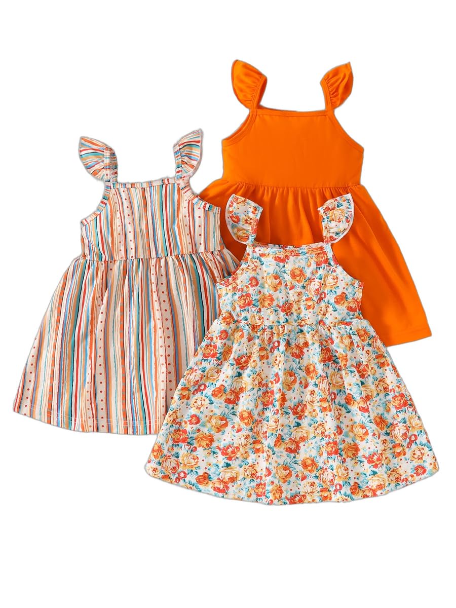 Photo 1 of (MISSING ORANGE DRESS) VARMILO Girls Dresses Infant Girls Dress 3-Pack Summer Casual Party Print Skater Dress Sundress Size 6-9Months Orange