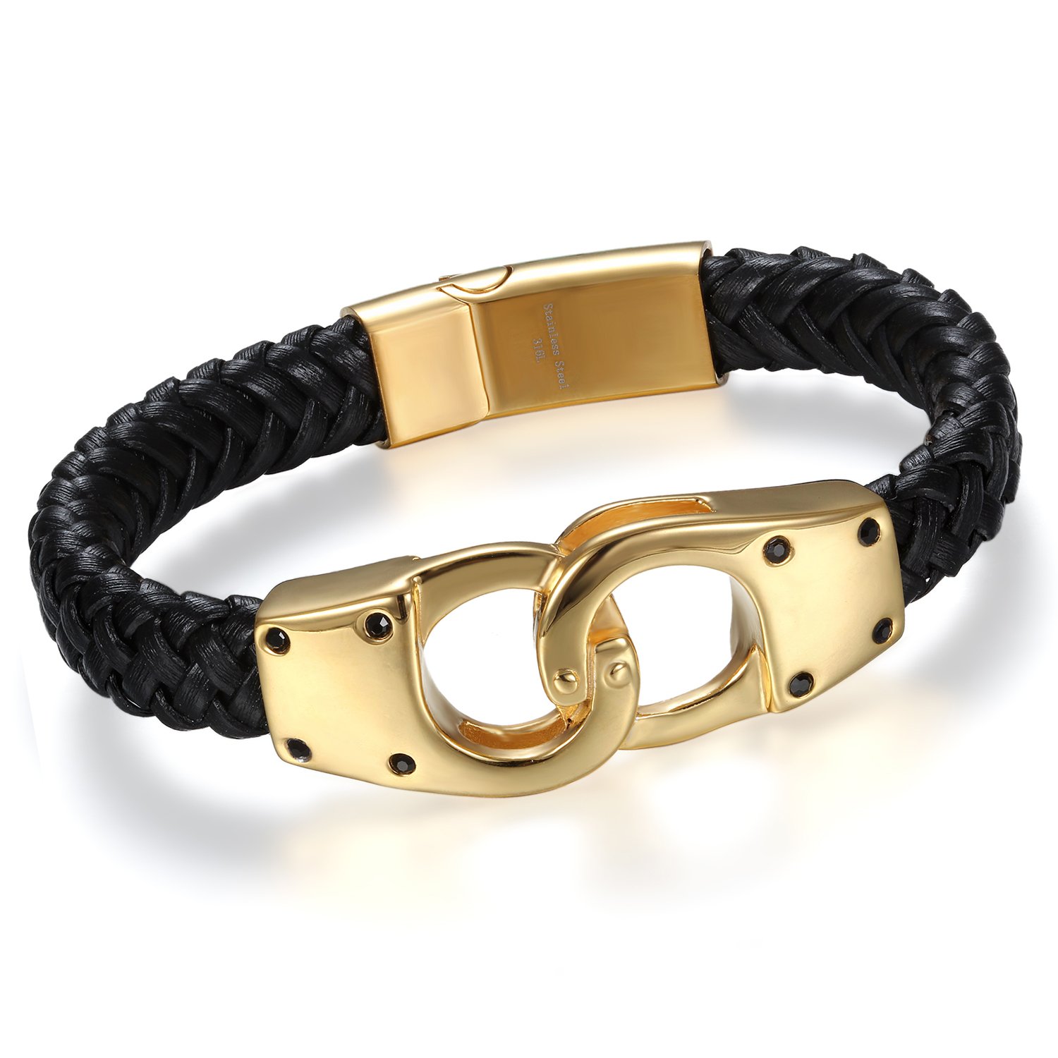 Cupimatch Cool Men's Gold Tone Stainless Steel Handcuff Braided Leather Bracelet Cuff, 8.7"