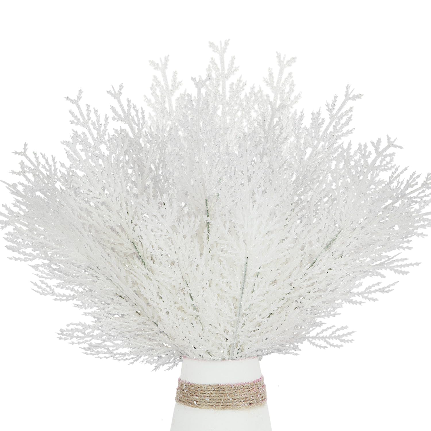 KKSTY Pack of 16 Artificial Pine Branches Glitter Twig Ornaments, 13.3'' Glittery Christmas Tree Picks Stems for Xmas Decor,DIY Crafts,Wreath Making Supplies,Small Vase Filler (White)