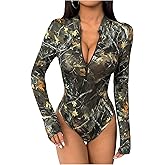 MakeMeChic Women's Camo Zip Front Bodysuit Mock Neck Long Sleeve Leotard Tops