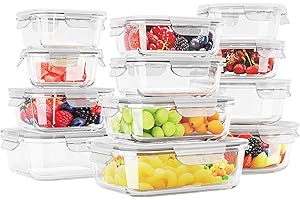 HOMBERKING 12 Sets Glass Food Storage Containers with Lids, Meal Prep Containers, Airtight Bento Boxes, BPA Free & Leak Proof, Pantry Kitchen Storage(12 lids & 12 Containers) - White