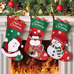 MGparty 3pcs Christmas Stockings , 18 inch Xmas Stocking Party Mantel Decorations Ornaments - Santa Snowman Reindeer for Christmas Tree Decorations (Green & Red Christmas Stockings)