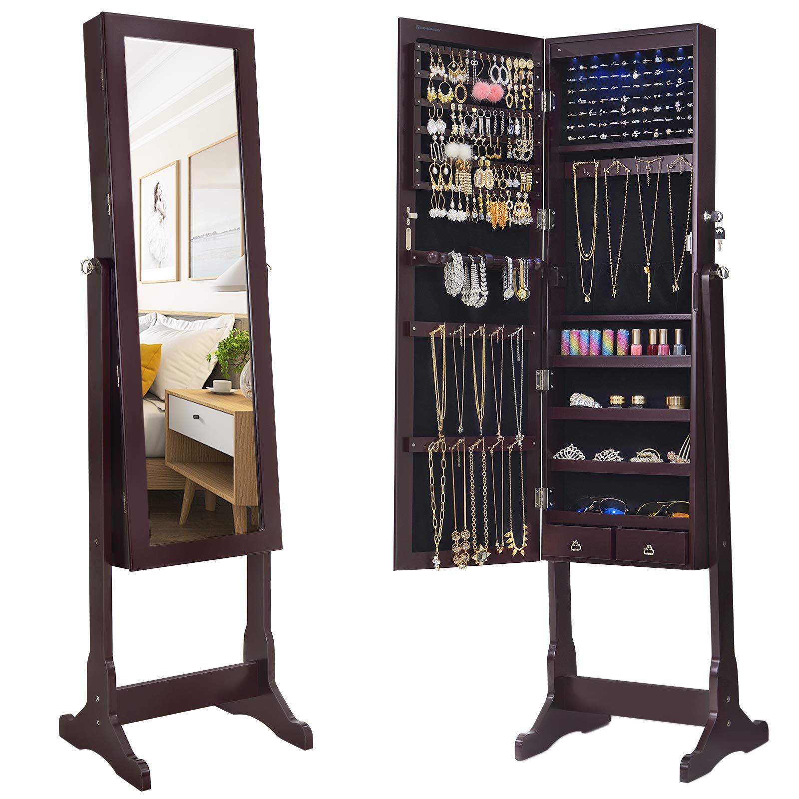 SONGMICS 6 LEDs Mirror Jewelry Armoire, Lockable Free Standing Jewelry Organizer, Large