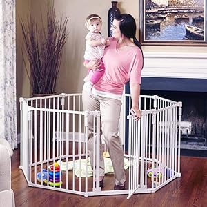 Toddleroo by North States 3-in-1 Metal Superyard: 198" long extra-wide gate, barrier or play yard. Hardware or freestanding. 8 panels, 19 sq.ft. enclosure (30" tall, Beige)