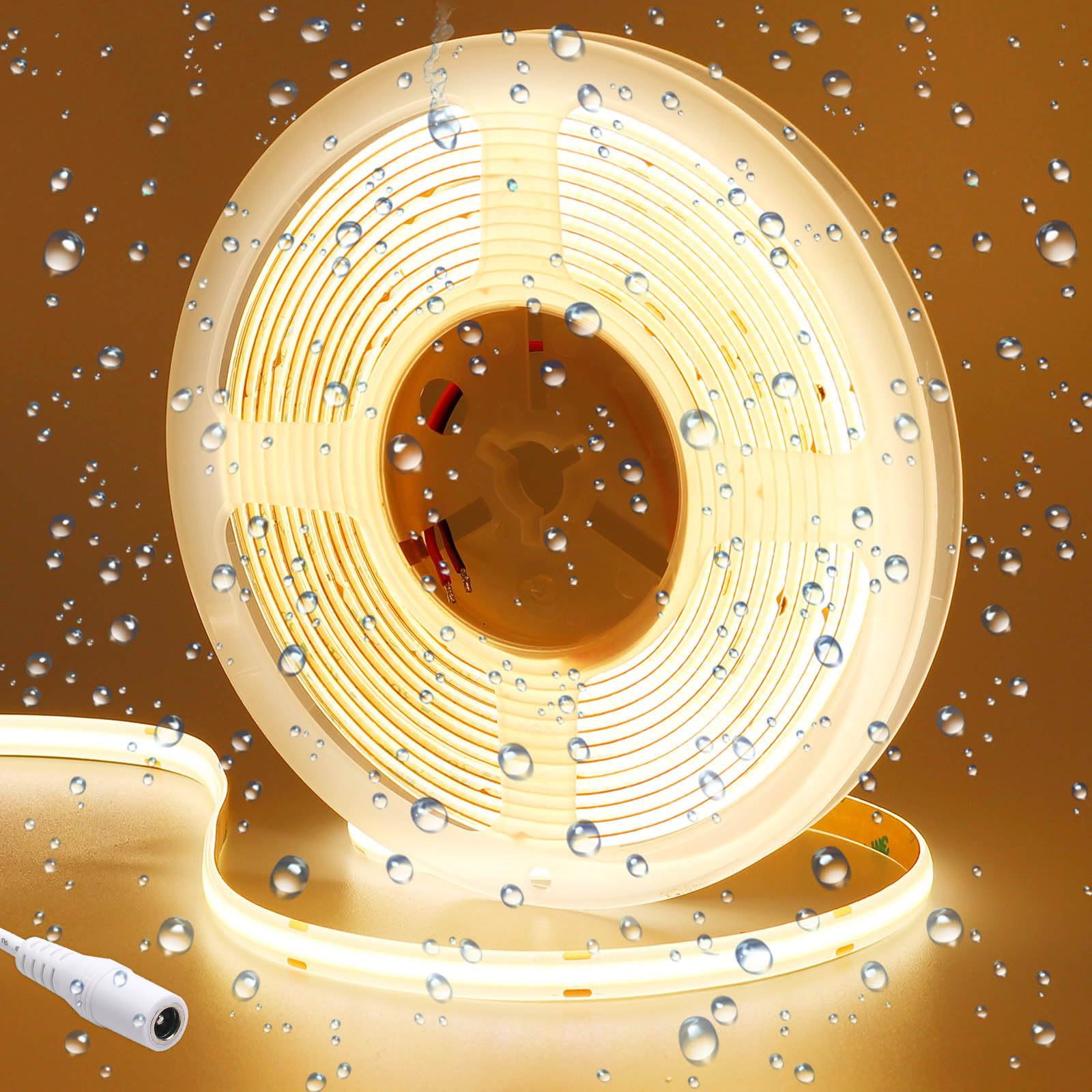 GOMING 24V COB LED Strip Light Warm White 3000K 5M/16.4ft 2400LEDs IP65 Waterproof Uniform Glow CRI 93+ Flexible LED Tape Lights for DIY Cabinet Bedroom Kitchen Home Decor (No Power Supply)