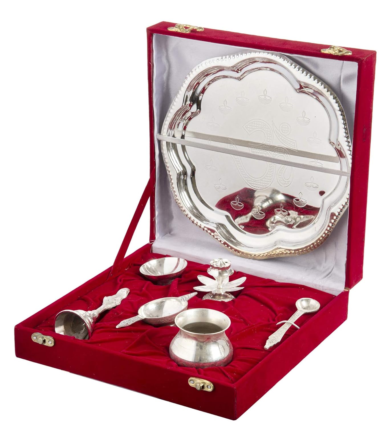 Buy International Gift German Silver Om Pooja Thali, Diya, Spoon, Bell