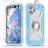 Cookiver for iPhone 16 Plus 6.7 inch Case - Heavy Duty Shock Resistant Military Grade Rugged Case with Ring Stand, Glass Screen Protector and Camera Lens Protector (Ice Blue)