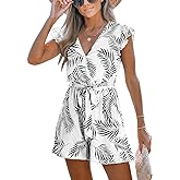 CUPSHE Women's Romper Tropical Flutter Sleeve Boho Overall V Neck Wide Leg Outfit Casual Beach
