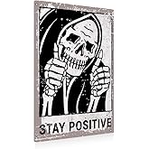 BEASTZHENG Vintage Stay Positive Skull Sign Metal Tin Sign Wall Décor Funny Retro Sign for Home Living Room Bedroom Halloween Decor Gifts - 8x12 Inch