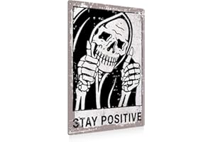 BEASTZHENG Vintage Stay Positive Skull Sign Metal Tin Sign Wall Décor Funny Retro Sign for Home Living Room Bedroom Halloween Decor Gifts - 8x12 Inch