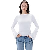 SUUKSESS Women Crew Neck Bell Sleeve Tops Double Lined Going Out Fitted Basic T Shirts