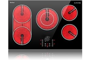 Karinear Electric Cooktop 30 Inch with Magnetic Knob, Bridge BBQ, 5 Burner Radiant Stove Top, 8600W 240V Built-in Hob, 9 Heat Levels, 99-Min Timer, Child Lock, Pause