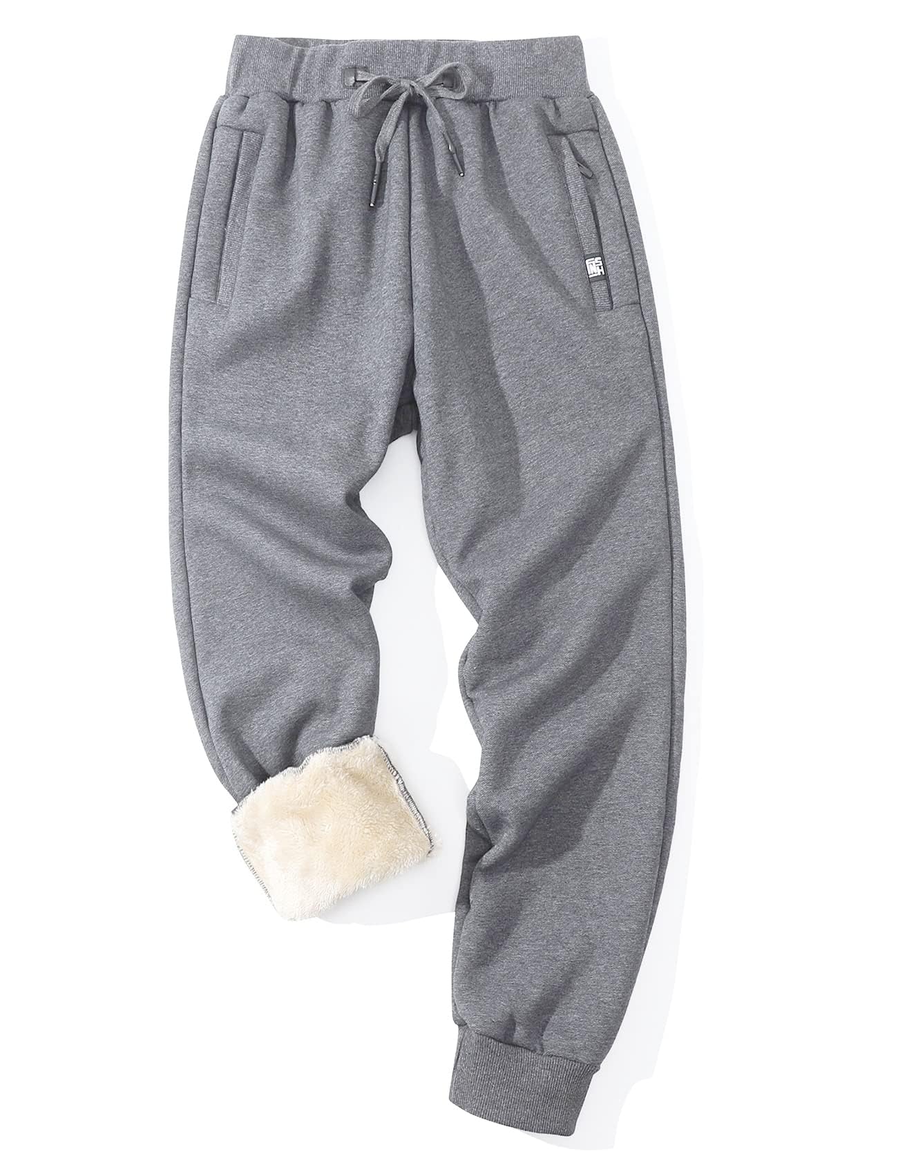 Flygo Men's Fleece Pants Winter Warm Joggers Pants Active Sherpa Lined Sweatpants(Rib Bottom Light Grey-XS) Image