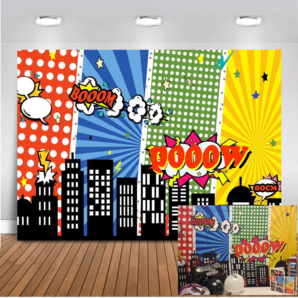 Mehofoto Superhero Birthday Photo Backdrop 7x5ft Cityscape Cartoon Supercity Tall Buildings Backdrops Seamless Kids Party Photography Background