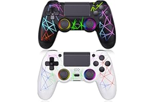 GamingBoy 2 Pack Wireless Controller for PS4, Light-up RGB Remote Control for Ps4/PC with Hall Effect Joystick/1000mAh Battery/Type-C/Dual Vibration/6-Axis Gyro/Audio Jack/Touch Pad（White Black）