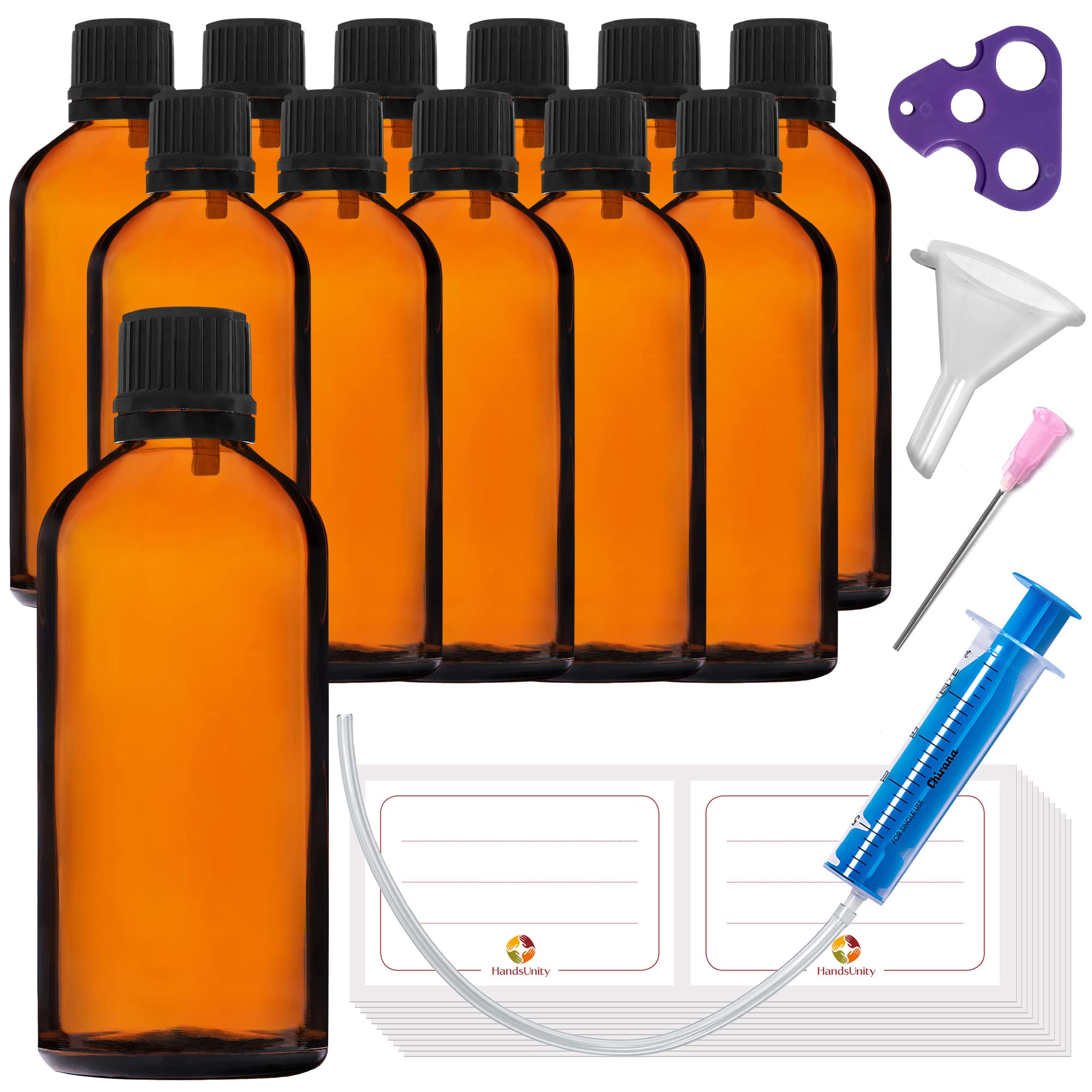 HandsUnity 100ml-12pcs Dropper Insert Bottle Small Amber Glass Bottle – Apothecary Glass with Black Dropper Insert Cap made of Brown Glass set including 30 auxiliary Accessories