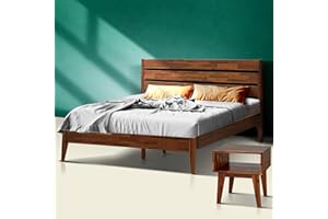 A ACACIA FURNITURE Acacia Emery Wooden Platform Bed Frame with Nightstand Set, Solid Wood Bed Frame Headboard + Bedroom Side Table Ready Assemble, Queen, Walnut