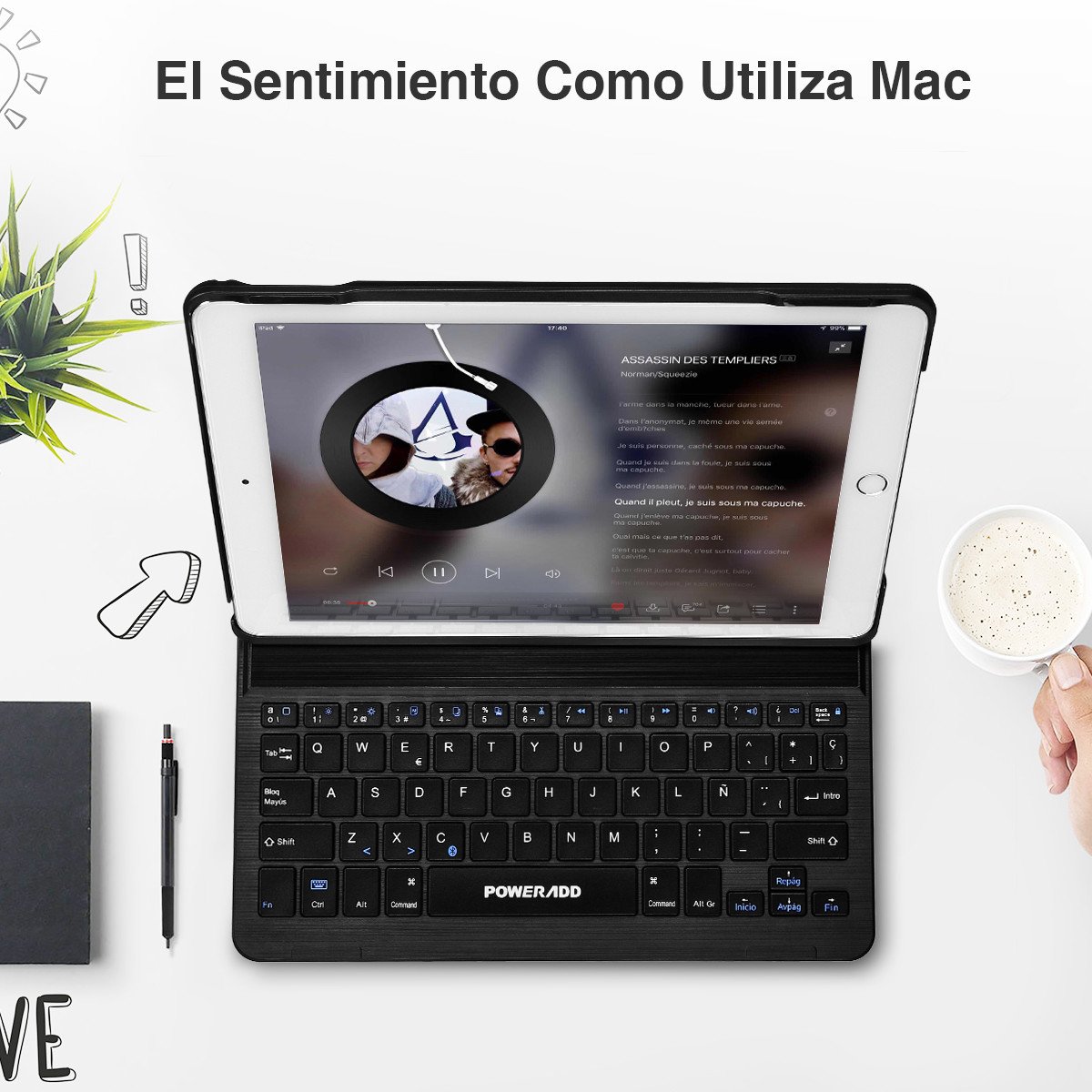 Poweradd Funda con Teclado Bluetooth para iPad Air 2 & iPad Pro 9.7, Teclado Inálambrico Españoles con USA Boardcom Modulo Bluetooth 3.0（No incluir el iPad), 280mAh Batería de Litio Recargable.