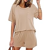 Ekouaer Women's 2 Piece Pajama Sets Short Sleeve Lounge Sets Soft Round Neck Top and Shorts Sleepwear
