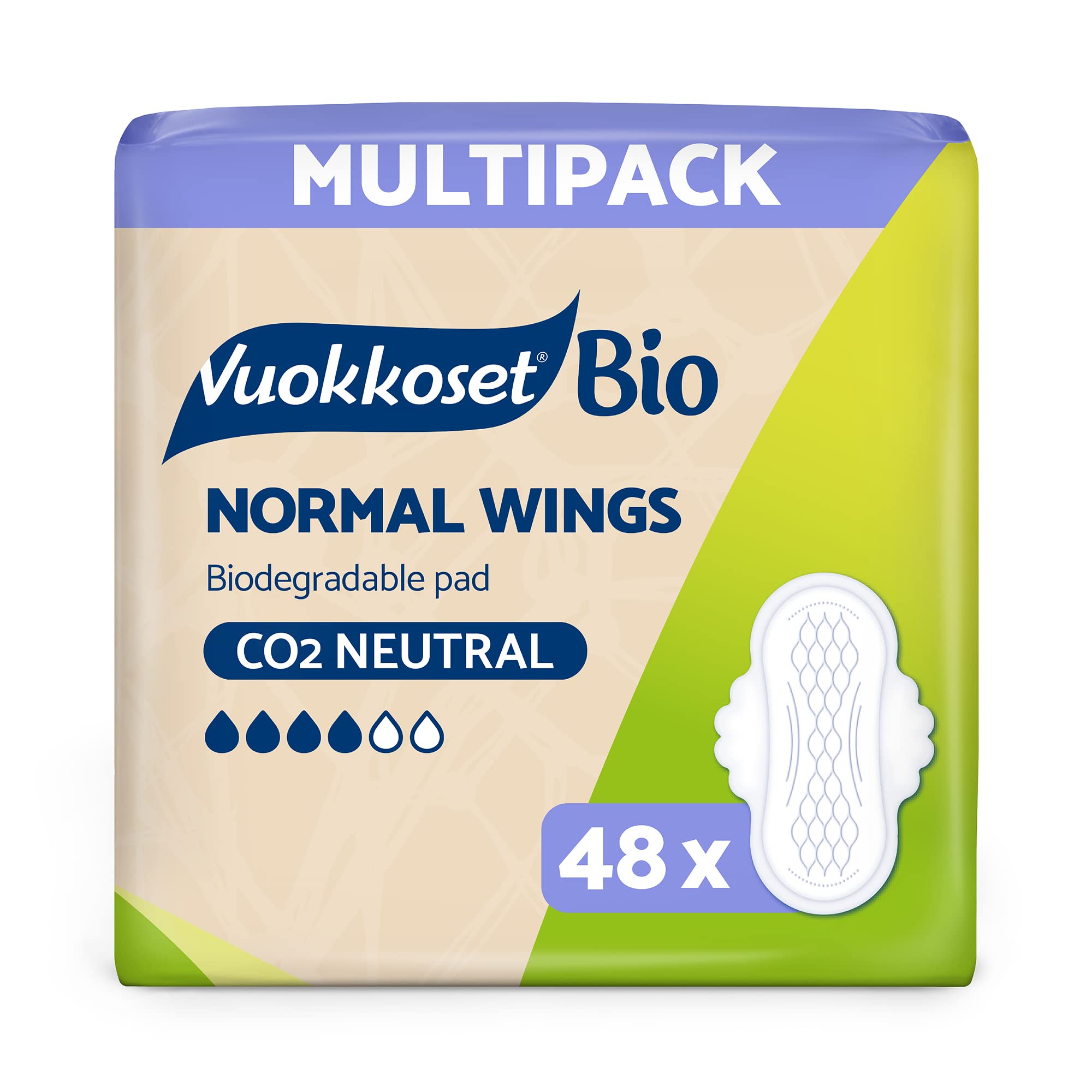 Vuokkoset Eco Normal Wings - Biodegradable Thin 8.9 Inch Sanitary Towel Multipack 48 pcs for Sensitive Skin | Organic Cotton | Free of Dyes, Fragrances & Chlorine | Eco-Friendly, Absorbent Core |