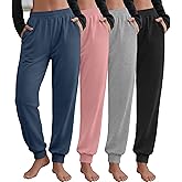 Velvelhall 4 Pack Women's Jogger Pants with Side Pockets Drawstring Elastic Waist Sweatpants Ribbed Cuff Bottom Lounge Pants