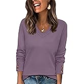 WIHOLL Lightweight Sweaters for Women Long Sleeve V Neck Knit Outfits with Decorative Buttons