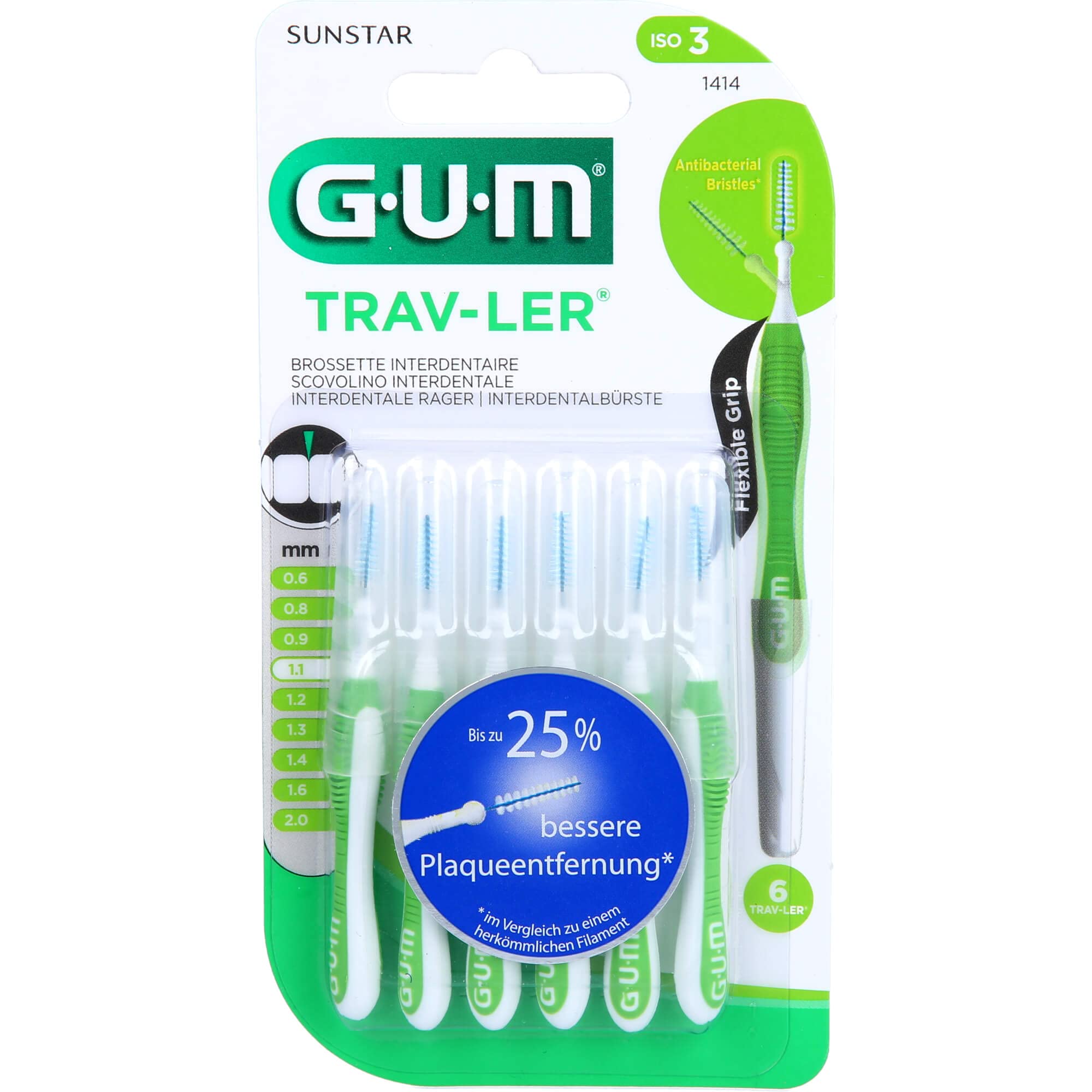 6 pieces Gum Trav-ler 1.1 mm interdental brushes + 6 caps