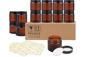 TUZAZO 2 Oz Thick Amber Round Glass Jars with Inner Lids and Black Lids, 12 Pack Small Empty Candle Making Jars/Cosmetic Containers for Lotions, Creams, Body Butters, Essential oil Beauty Products