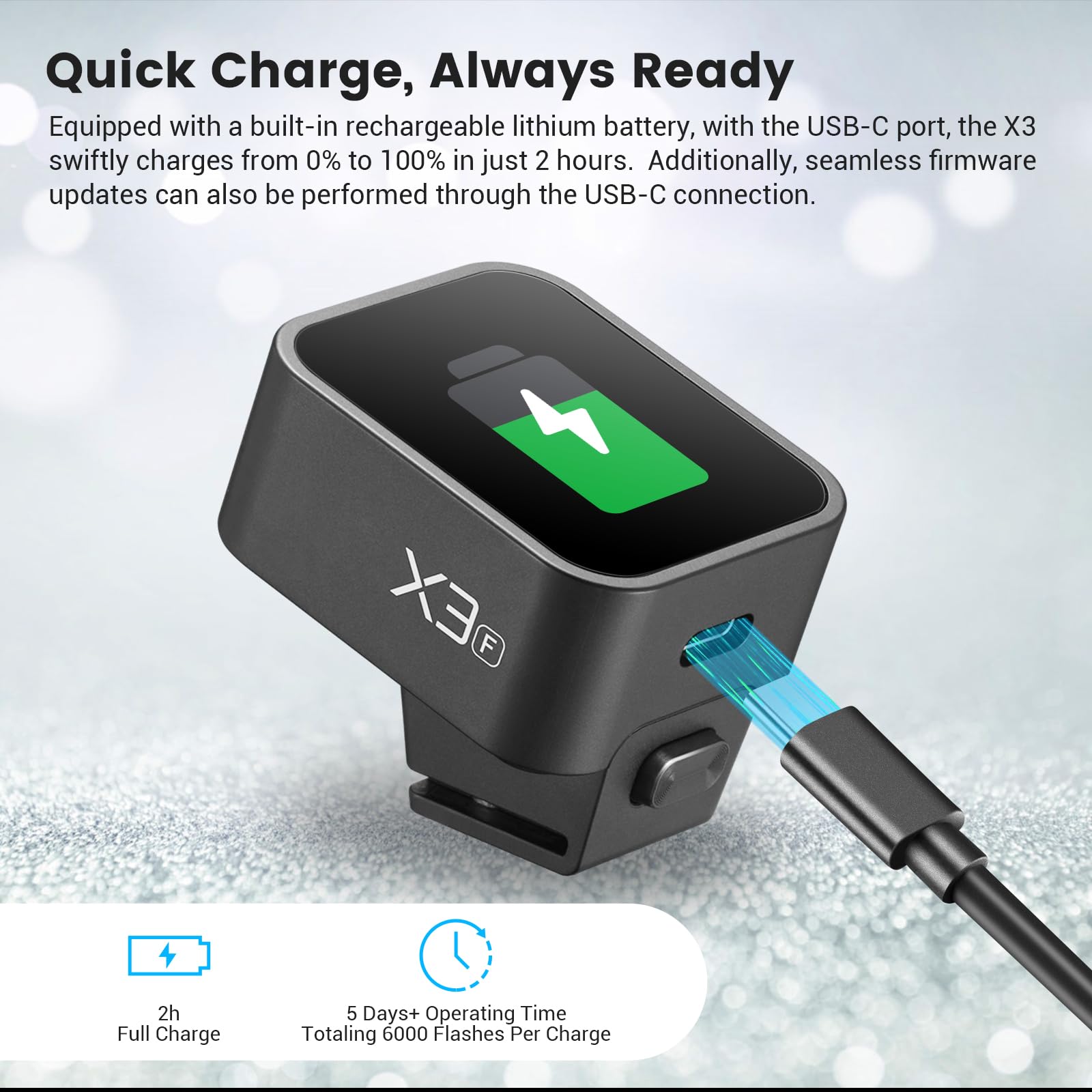 Godox X3-F Wireless Flash Trigger OLED Touch Screen Rechargeable Battery, USB-C Charging, Quick Fit Hot Shoe, Built in Godox 2.4G X Wireless System, 1/8000s HSS TTL TCM Function with Technical