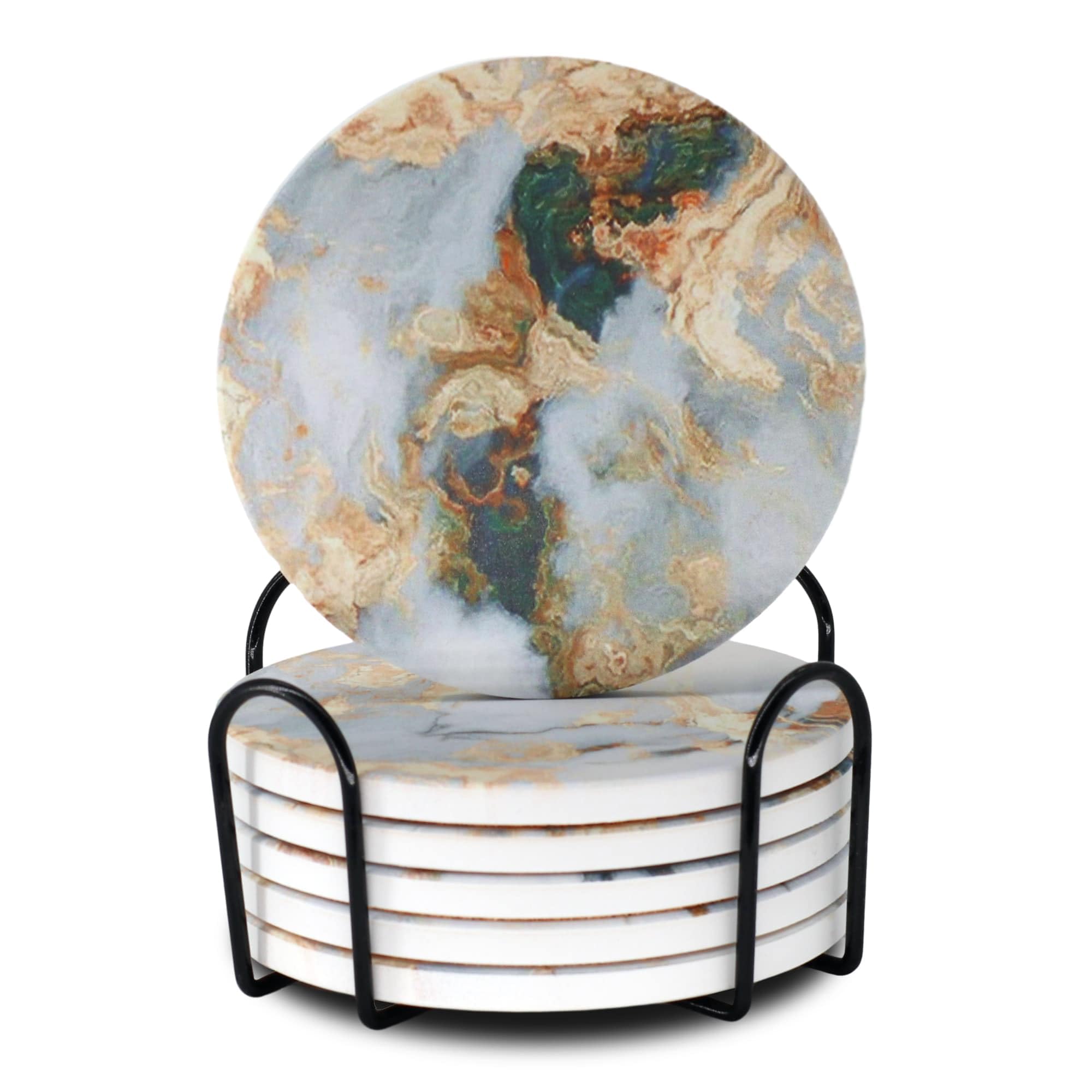 Memeyou White Marble Ceramic Coasters With Holder Absorbent Drink Coaster Set Outdoor Round Cute Table Coffee Cup Fun Cork Wine Beer Bar Gold Housewarming Gifts 6 Pack