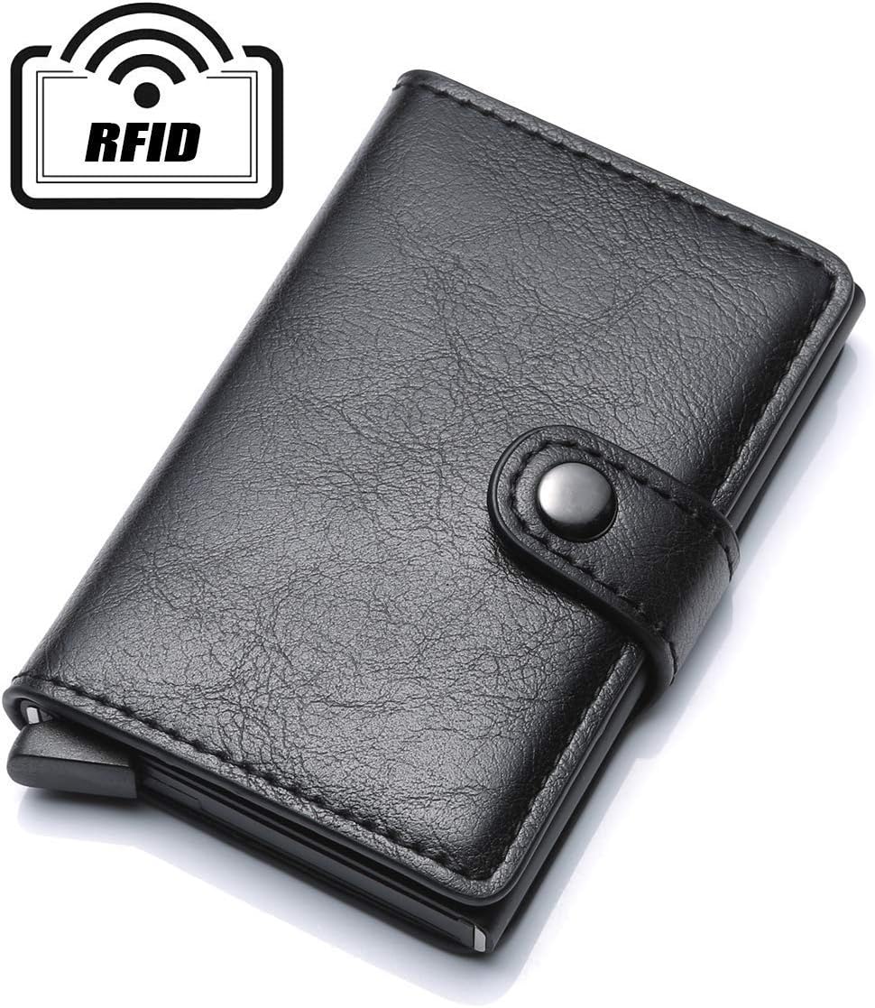 Credit Card Holder RFID Blocking Wallet Slim Wallet PU Leather Vintage Aluminum Business Card Holder Automatic Pop-up Card Case Wallet Security Travel Wallet (Black)
