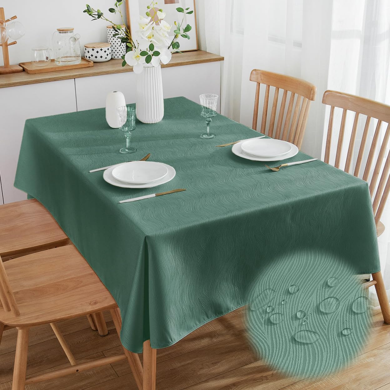 SPRICA Jacquard Tablecloth Water Resistance Solid Colour Heavy Weight Soft Table Cover, Machine Washable, Rectangle 210x150cm, Light Green