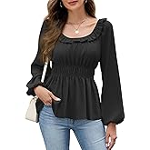 Womens Puff Long Sleeve Babydoll Tops Square Neck Ruffle Peplum Blouse Smocked Loose Fit Tunic Top Dressy Tee Shirts