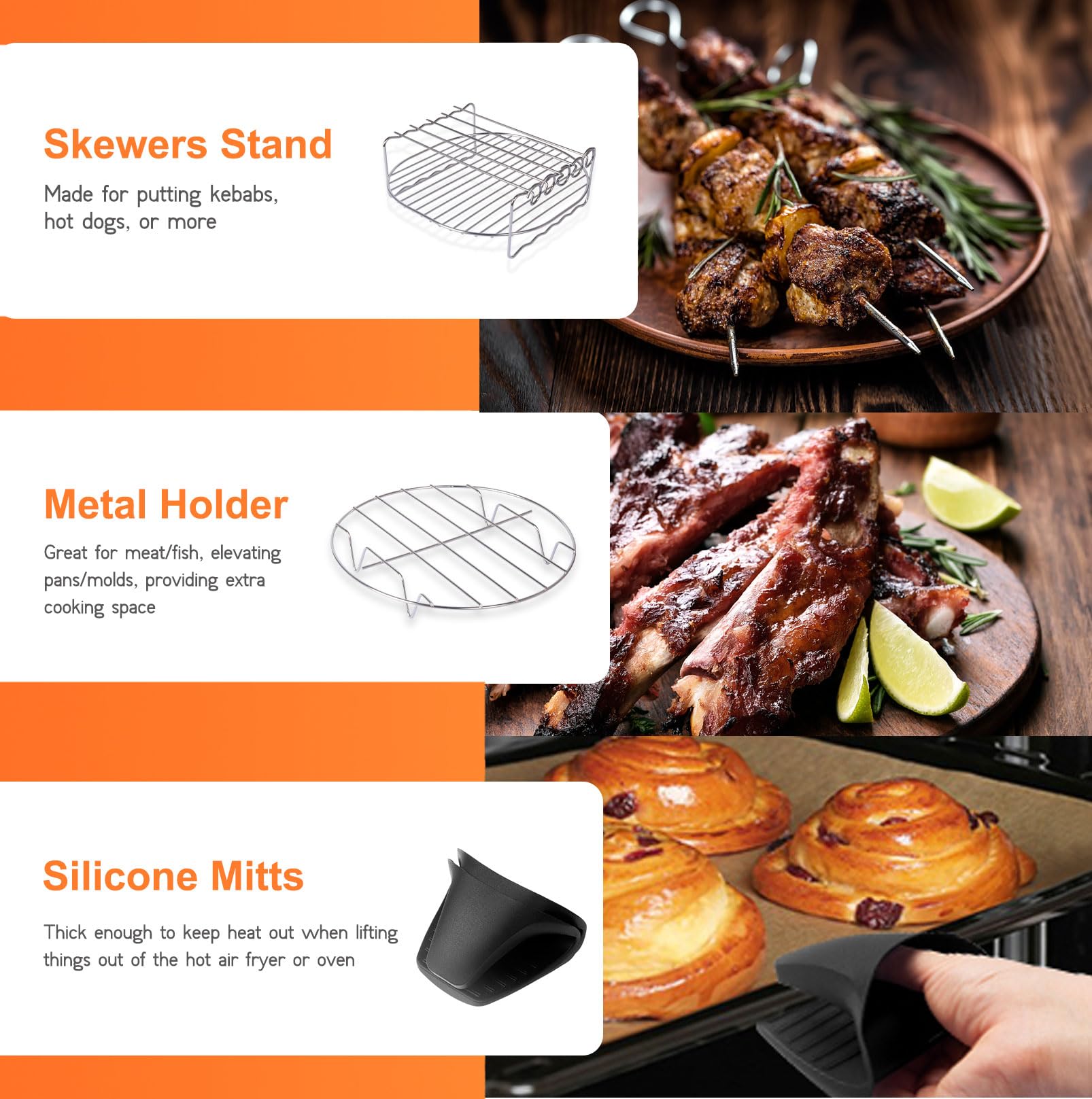 Air Fryer Accessories Fit for Instant Vortex Plus 6 Quart Air Fryer, Cosori 5.8QT 6QT, PowerXL 7QT, Gourmia, Nuwave, Cuisinart, Including Rack & Skewers, Etc