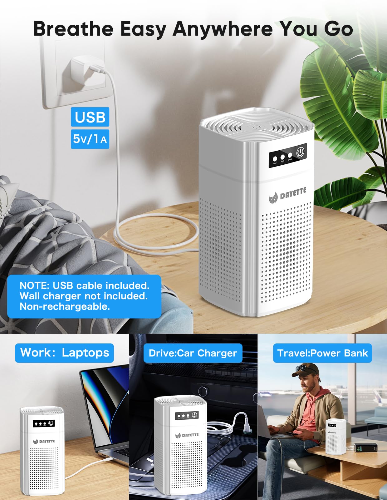 Air Purifiers for Bedroom, DAYETTE H13 True HEPA Air Filter Purifier for Small Room Up to 960 Ft², Qiuet Sleep Mode with Aroma Pad, Small Portable Air Purifier with USB Cable