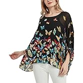 Wiwish Women's Bohemian Style Batwing Sleeve Butterflies Printed Chiffon Caftan Poncho Tunic Top Beach Loose Shirt