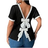 SOLY HUX Women's Plus Size Bow T Shirt Short Sleeve Crew Neck Tee Summer Open Back Going Out Tops