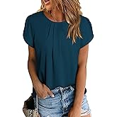 PRETTYGARDEN Women's Tops 2026 Casual Summer Round Neck Short Sleeve Basic Pleated Loose Fit Blouses Plain Tunic Shirts
