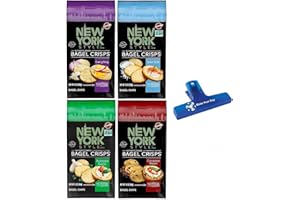 New York Style, Authentic Baked Bagel Crisps Bundle with Everything, Sea Salt, Roasted Garlic, and Cinnamon Raisin, 6oz (Pack of 4) - with Make Your Day Bag Clip