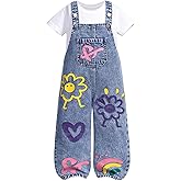 RoseSeek Toddler Girls' Vintage Floral Heart Graphic Denim Jumpsuit Baggy Wide Leg Jeans Overall with Pockets