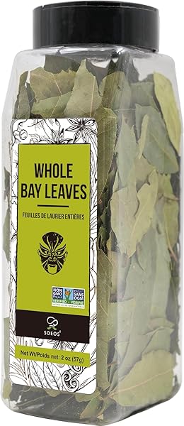 SOEOS BAY LEAVES WHOLE, 2 OZ(57G), NON-GMO VERIFIED, DRIED LEAF, FRESHLY PACKED TO KEEP FRESH, LAUREL HERBS FOR COOKING, DRIED BAY LEAVES, FRESH, GREEN