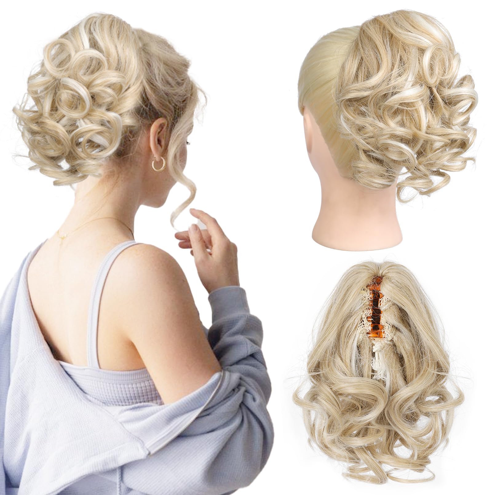 REECHO 9" Short Ponytail Extension, Classic Loose Curly Wavy Claw Clip Pony tails Hair Extensions HP001 Hairpieces for Women - Medium Blonde with Highlights — image 1