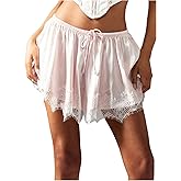 BEAUDRM Women's Lace Trim Satin Shorts Elastic Waist Mini Shorts Casual Lounge Silk Shorts French Knickers
