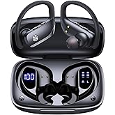 bmani Ear Buds Wireless Earbuds Bluetooth Headphones with 80H Playtime LED Display Case, Over-Ear Hook with Mic, Stereo Sound, Easy Button Controls, Sports Earphones for Running Workout Gym Black