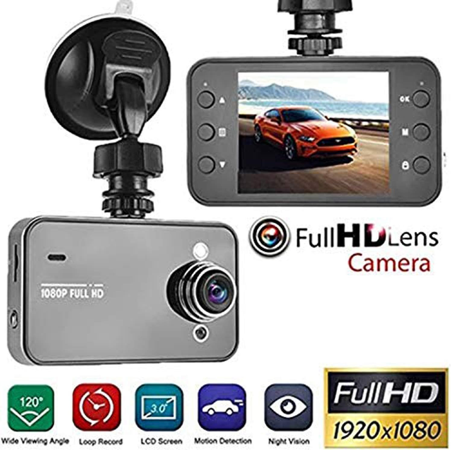 Dash Cam 1080P Full HD Car DVR Dashboard Camera, Driving Recorder with 2.2 Inch LCD Screen, K6000 Super Wide-Angle Night Vision, Photo, Video, Recording, Playback View, Loop Recording