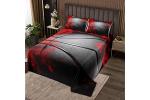 Manfei Basketball Bedspread King Size Sports Gaming Theme Quilted 3 Pieces Coverlet Set with 2 Pillowcases Red Flame Basketball Oversized Bedding Quilt for Kids Boys Teens Room Decor