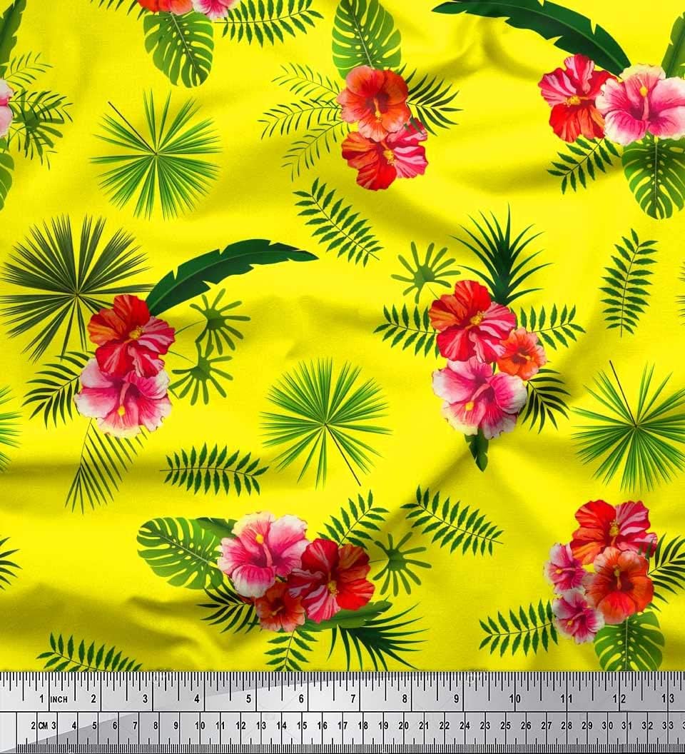Soimoi Gelb Poly Krepp Stoff Blumen & Blätter tropisch Stoff drucken