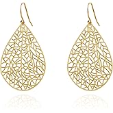 Handmade Filigree Teardrop Dangling Earrings for Women, 925 Sterling Silver Hooks Exquisite Leaf Earrings for Gift