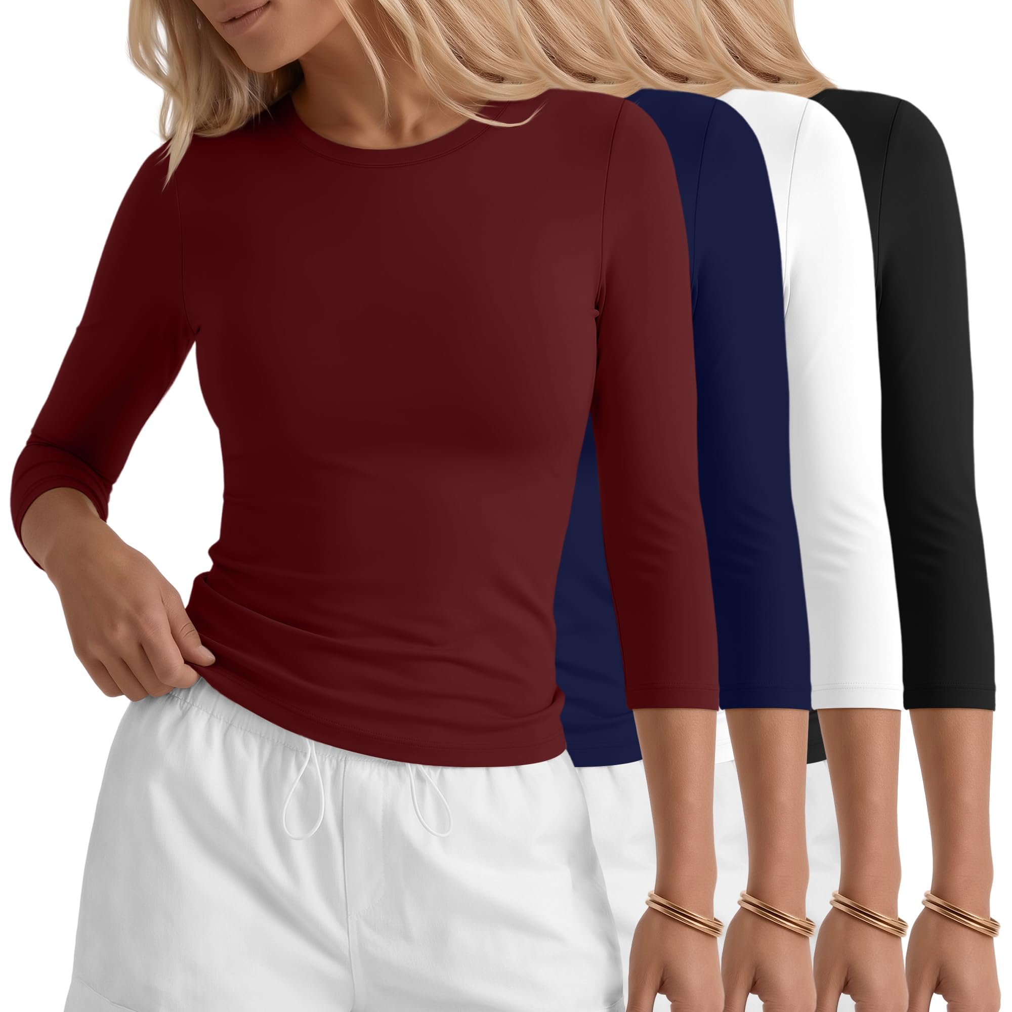 Photo 1 of Neer 4 Pack Women's Workout Shirts 3/4 Sleeve Slim Fit Compression Tops Athletic Crewneck Gym Running Yoga Basic T-Shirt(Wine Red, Navy Blue, White, Black,Small)