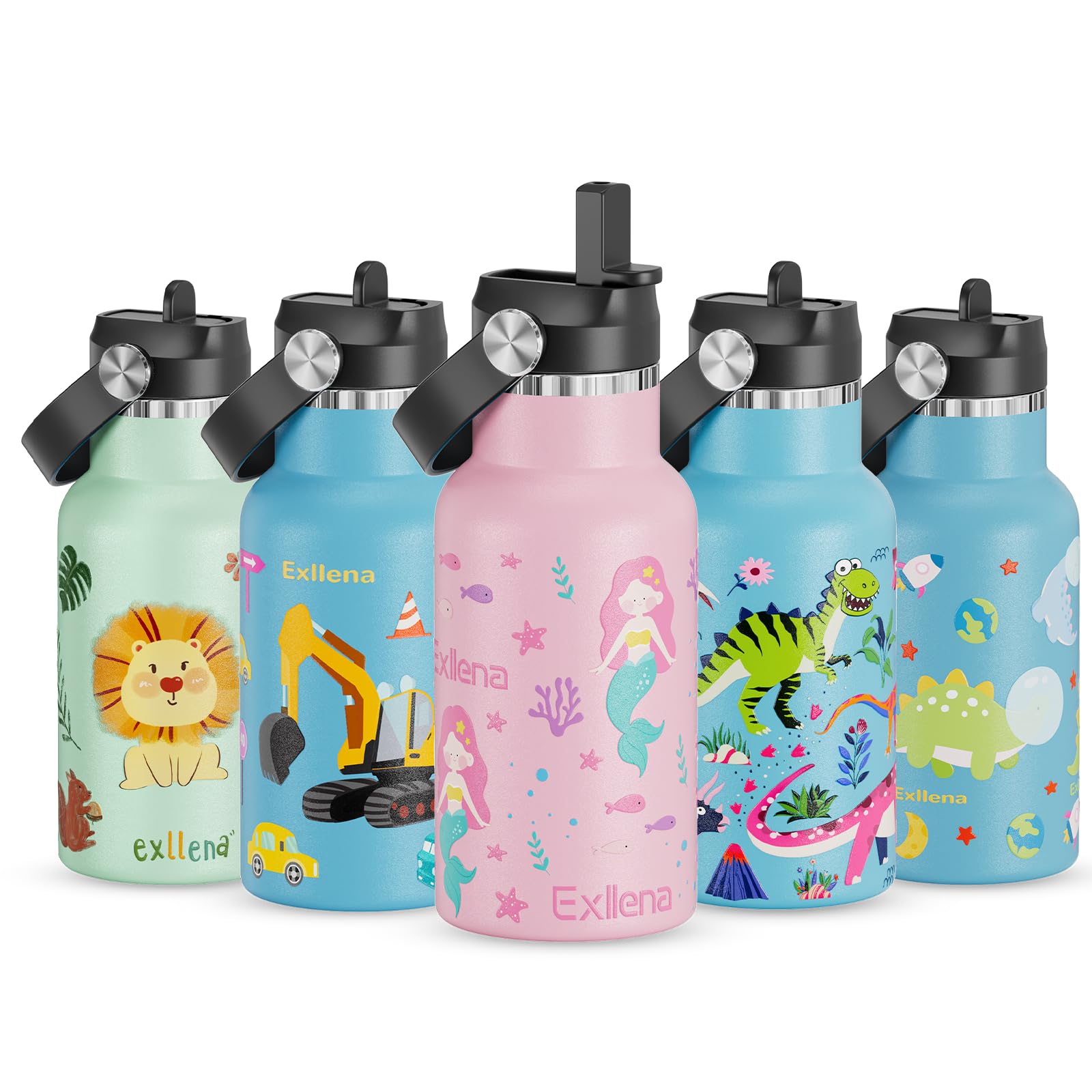 Exllena 350ml Stainless Steel Water Bottle Kids BPA Free with Straw - 100% Leakproof - Kids Insulated Water Bottle with Handle Lid - Easy to Use for Toddlers Girls Boys (Mermaid)